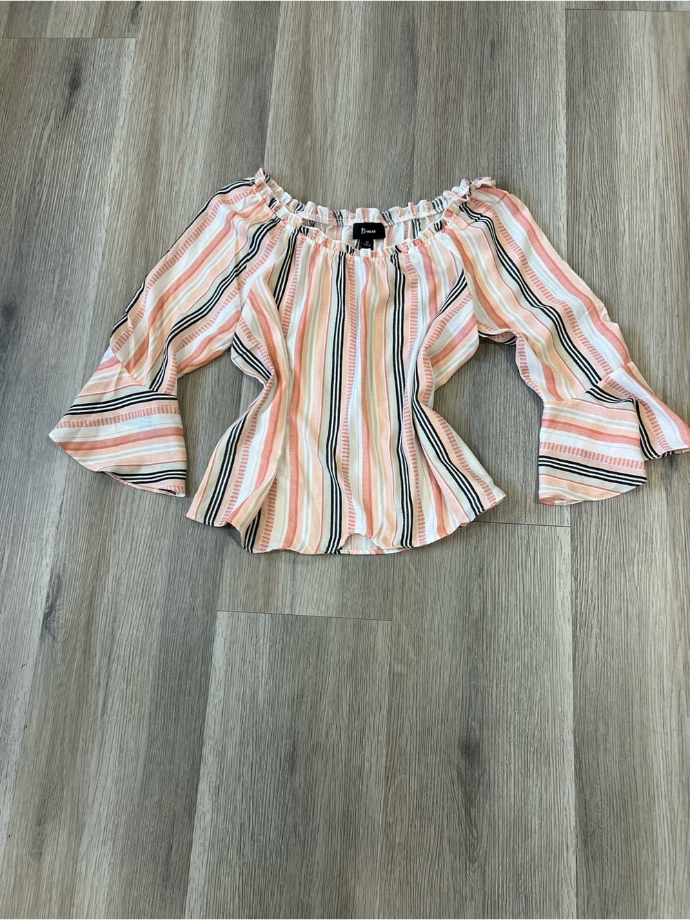 Bwear Striped Off-Shoulder Peasant Top - Peach, Cream & Black